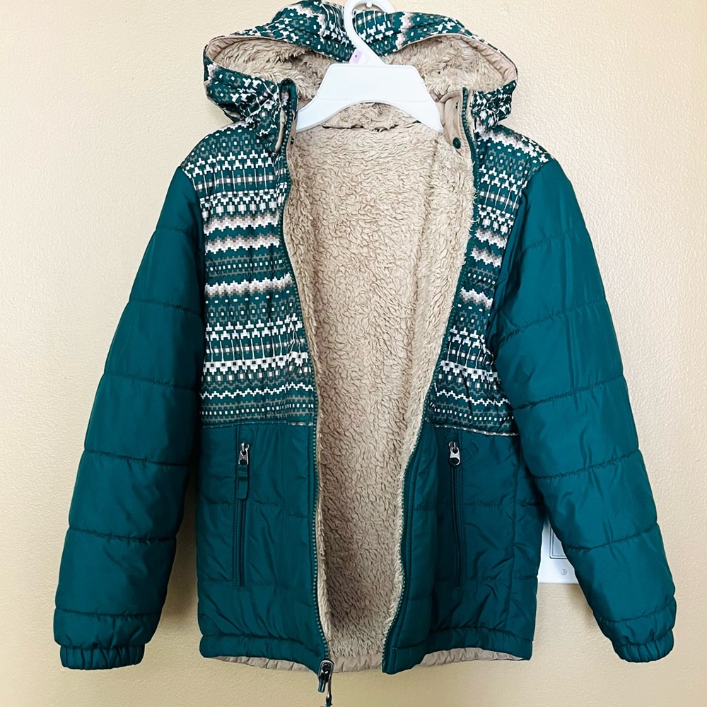 THE NORTH FACE Little Boy Reversible Jacket Size 10 Medium Grey white and Brow - Picture 2 of 13